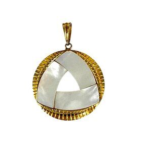 Vintage GES GESCH Gold Pendant Mother of Pearl Inlay Triangle Design 1.5"